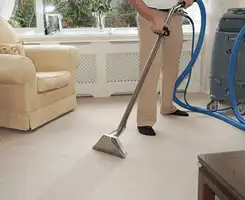 Carpet cleaning professional removing dirt and stains with a hot-water extraction tool in a home, Cape Coral, FL.